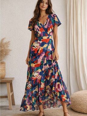 ba&sh Abstract Print Maxi Dress Boho V-Neck Flowy Colorful Tiered